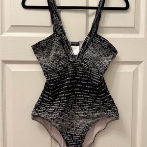 CHANEL Black and White Logo Pattern Fabric